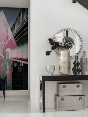 A futuristic wall mural with a glowing, floating diamond