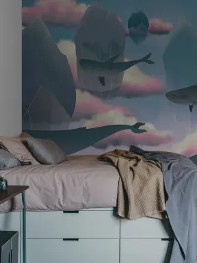 A dreamy wallpaper with floating wales among the clouds