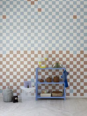 Papel de parede axadrezado laranja e azul