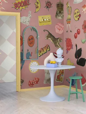 Playful patchwork wallpaper pattern
