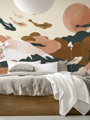 Koi Fishes Soaring Over Cloudy Mountains