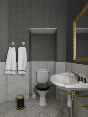 Tile-covered walls with wallpaper