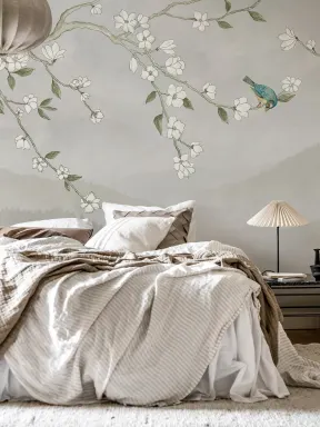 Tranquil Blossoms with a Feathered Friend