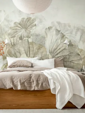 Embrace Serenity with Beige Lotus Leaf Mural