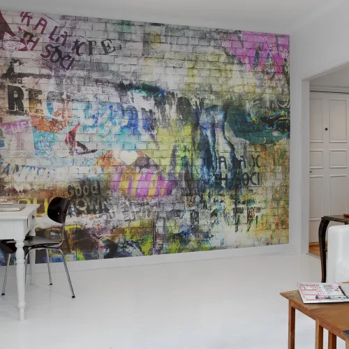 Realistic graffiti wall mural with bricks