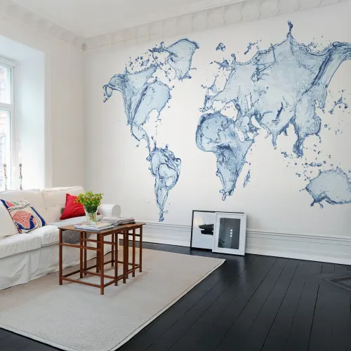 Peinture murale unique de la carte du monde bleue