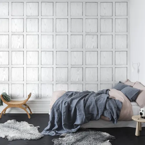 Witte 3D muurschildering die eruitziet als houten panelen