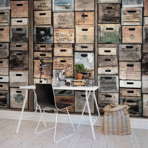 3D wall mural looking like wooden boxes