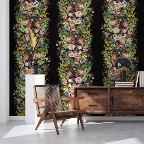 Stripe wallpaper with flowers and leaves on a dark ground