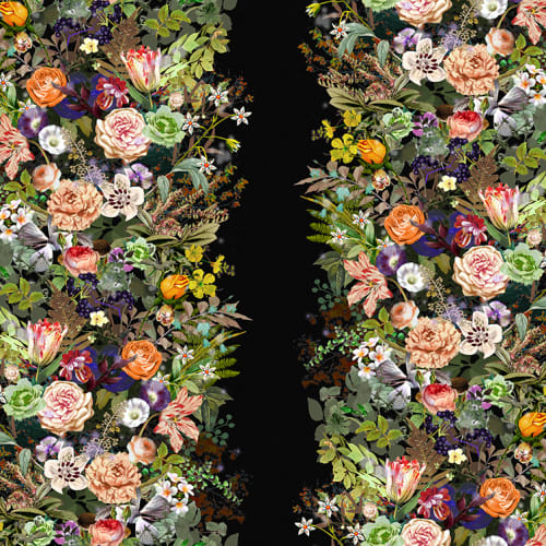 Stripe wallpaper with flowers and leaves on a dark ground