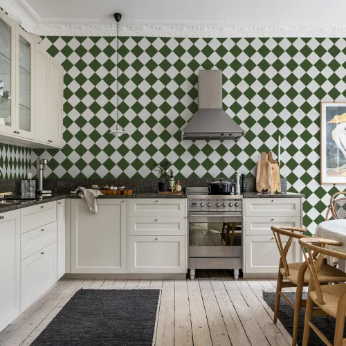 Checkered Tiles, White & Green