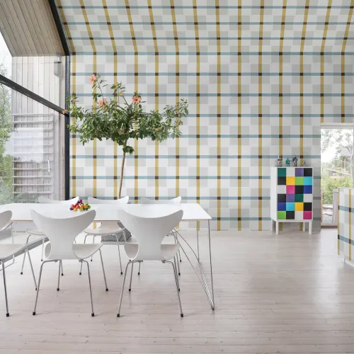 Geel en grijs maximalistisch behang