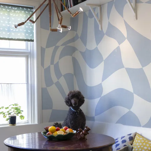 Blue checkered maximalist wallpaper