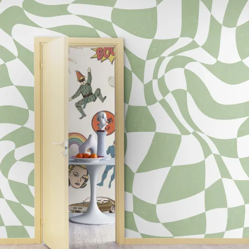 Green checkered maximalist wallpaper