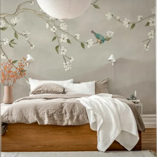 Tranquil Blooms and Feathered Friend