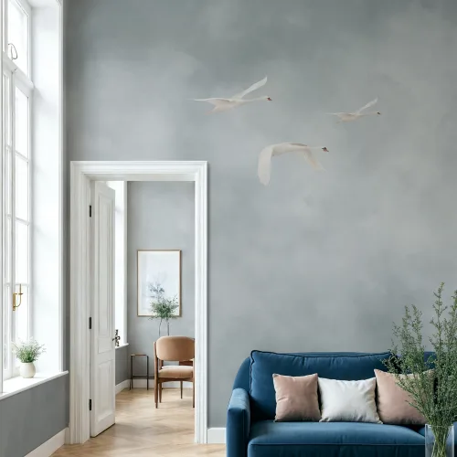 Paisaje etéreo de cisnes